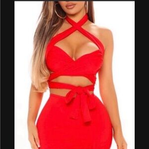 Fashion Nova Red Crisscross Tie-Waist Two-Piece Dress
